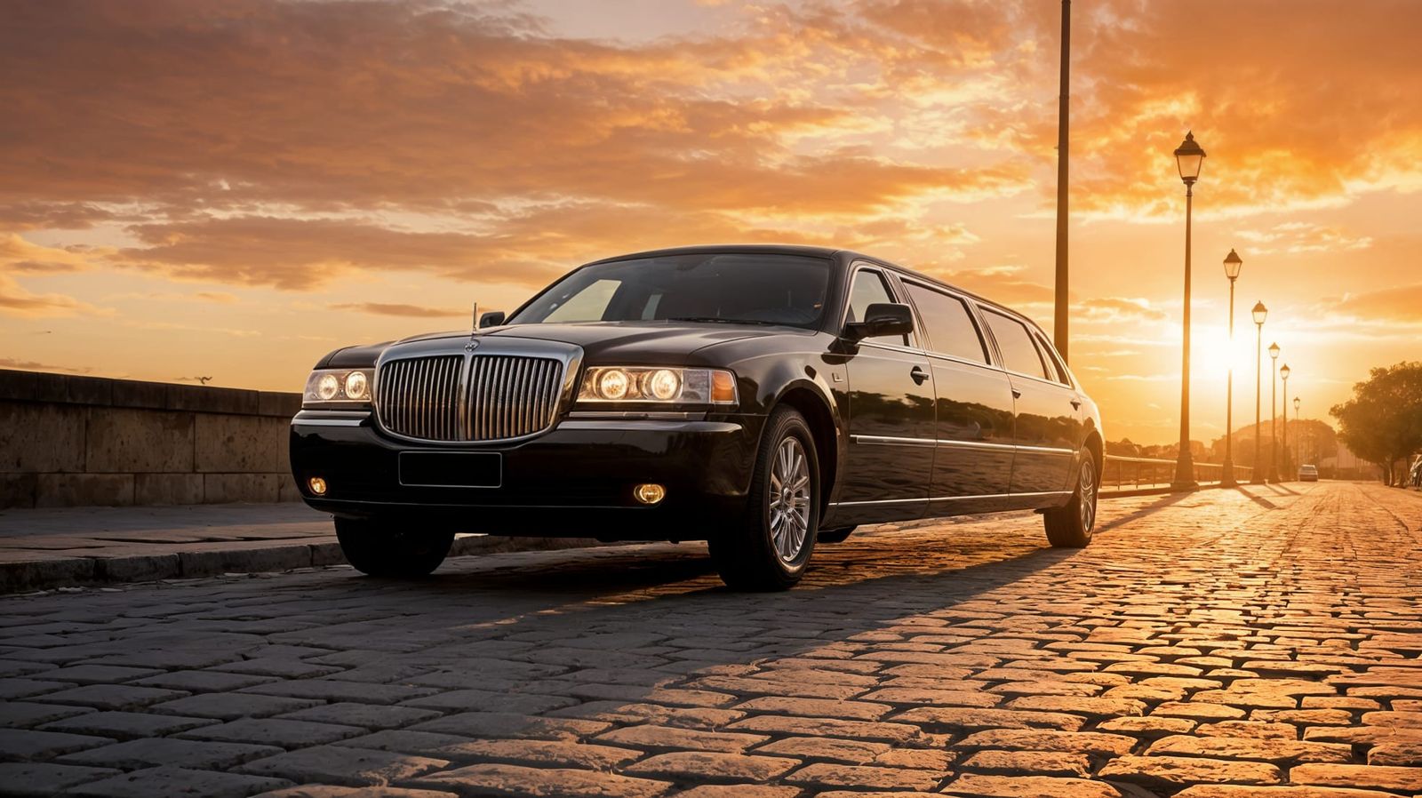 Luxurious Black Limousine Drives Along Cobblestone Street Un...