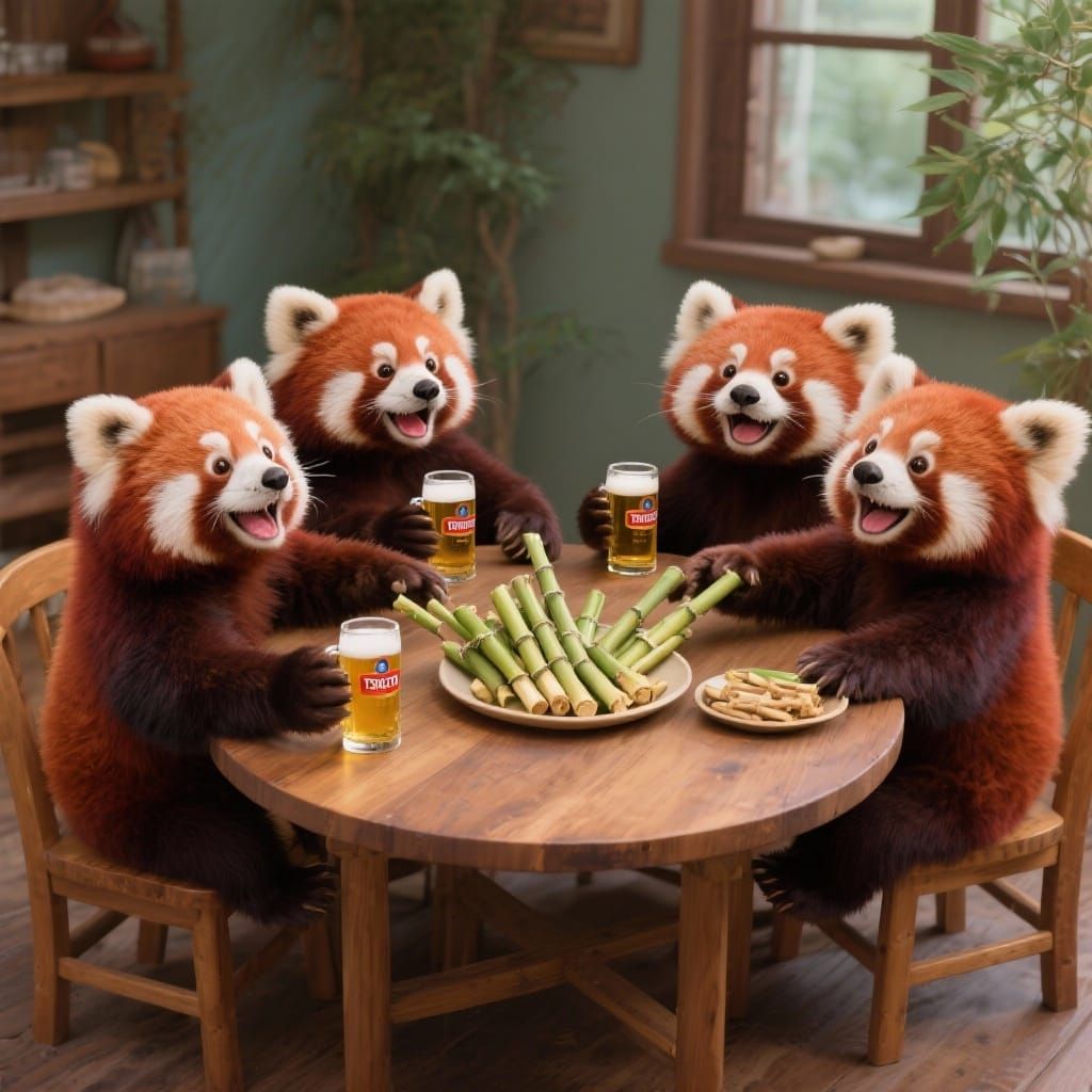 Four Red Pandas Enjoying Beer and Bamboo