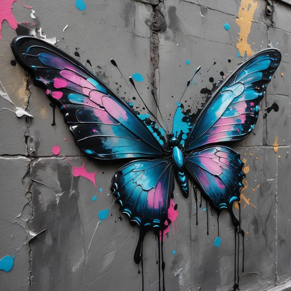 Blue Butterfly Graffiti Art Radiating Silver Light