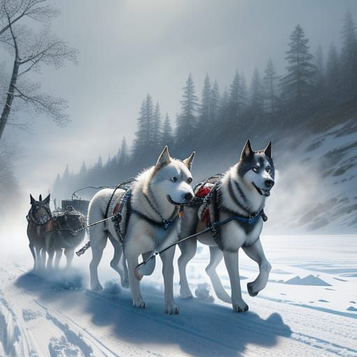 Huskies Pulling Sled Through Snowy Landscape