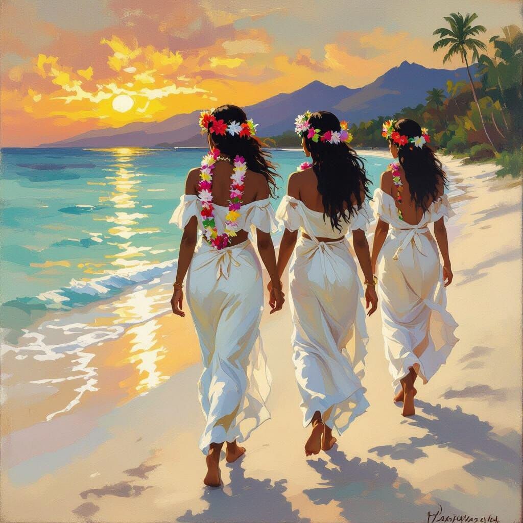 Tahitian Women on a Beach at Sunset