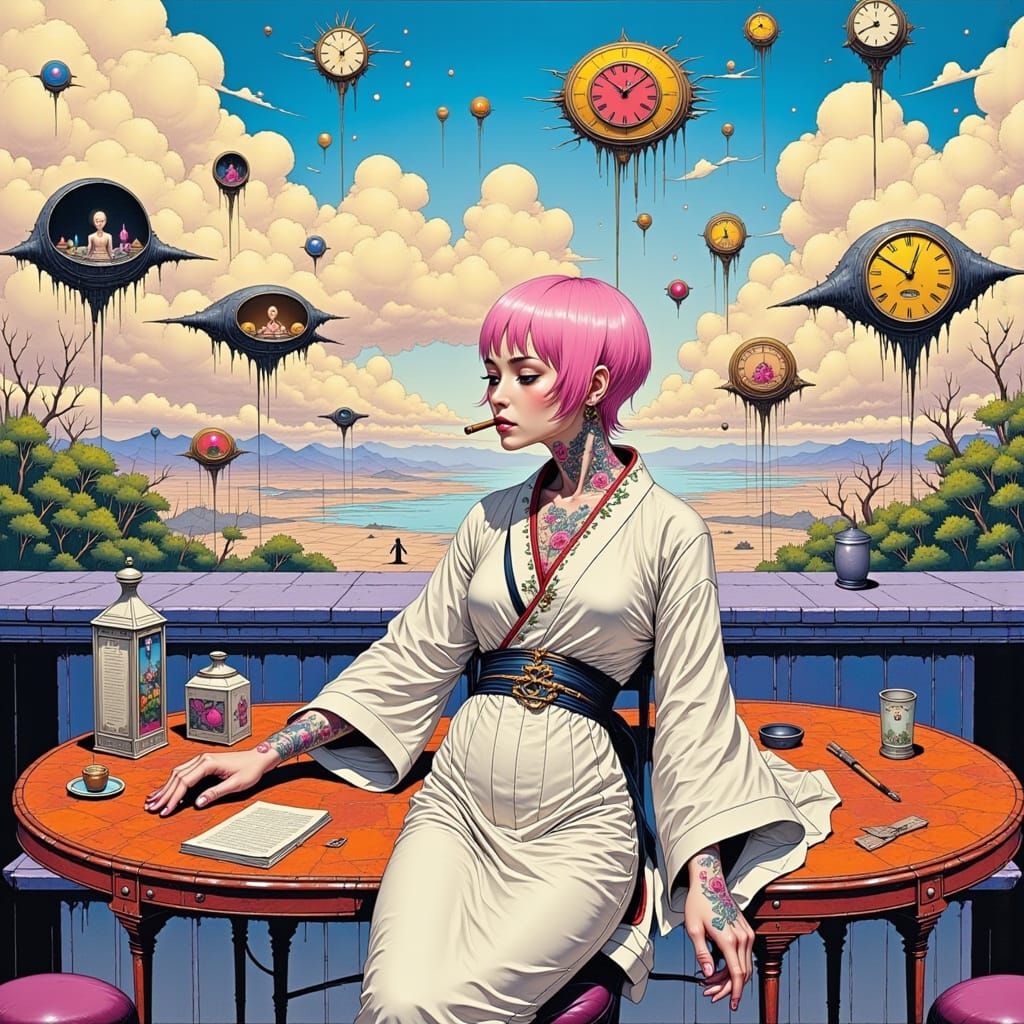 Japanese Woman Smoking in Surreal Dreamscape