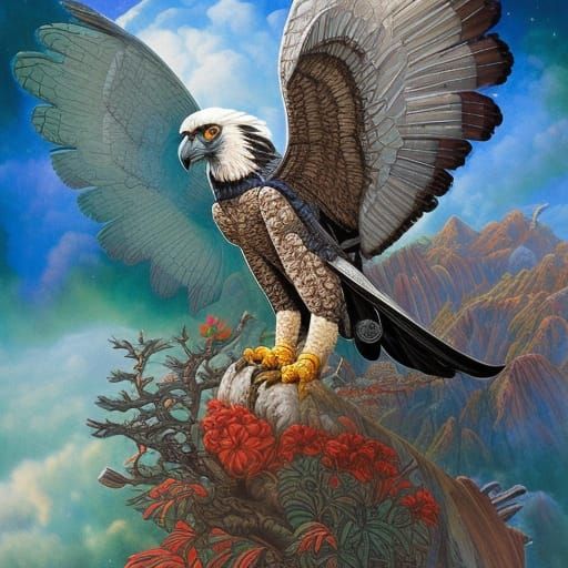 Armored Harpy Eagle: Cel-Shaded Ukiyo-e Digital Art
