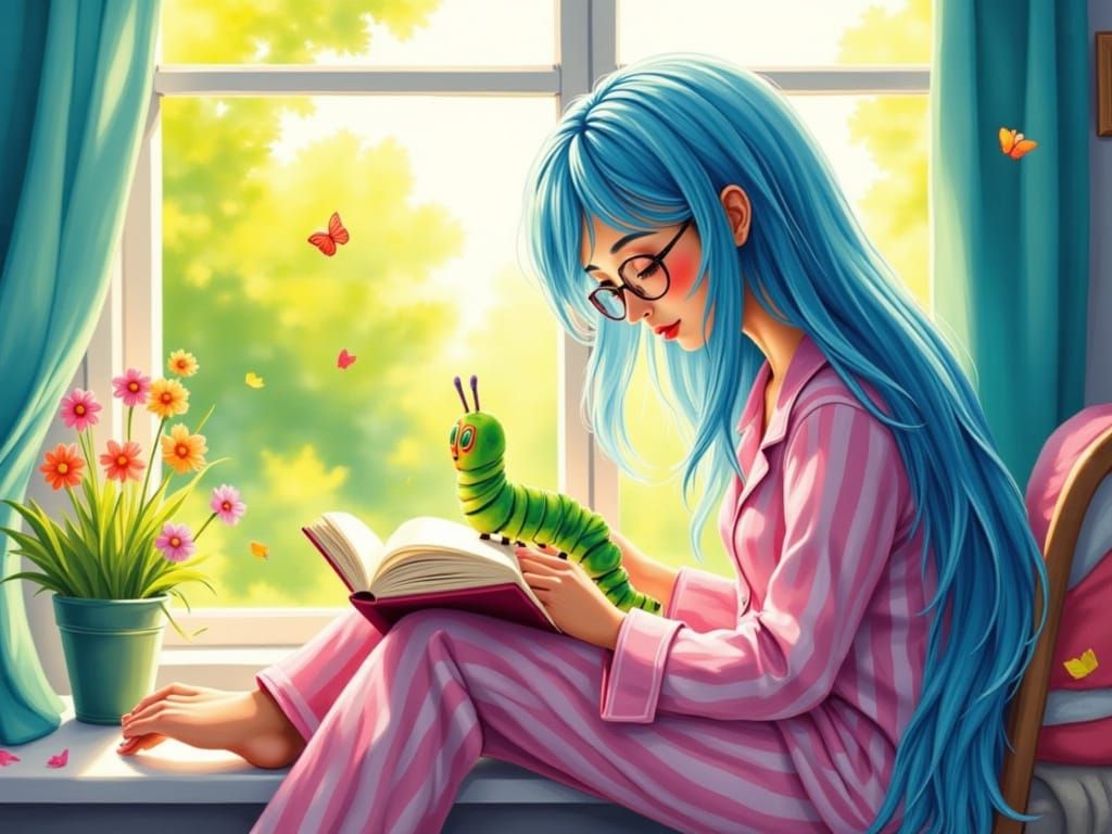 Woman with Blue Hair Reading on Windowsill with Caterpillar