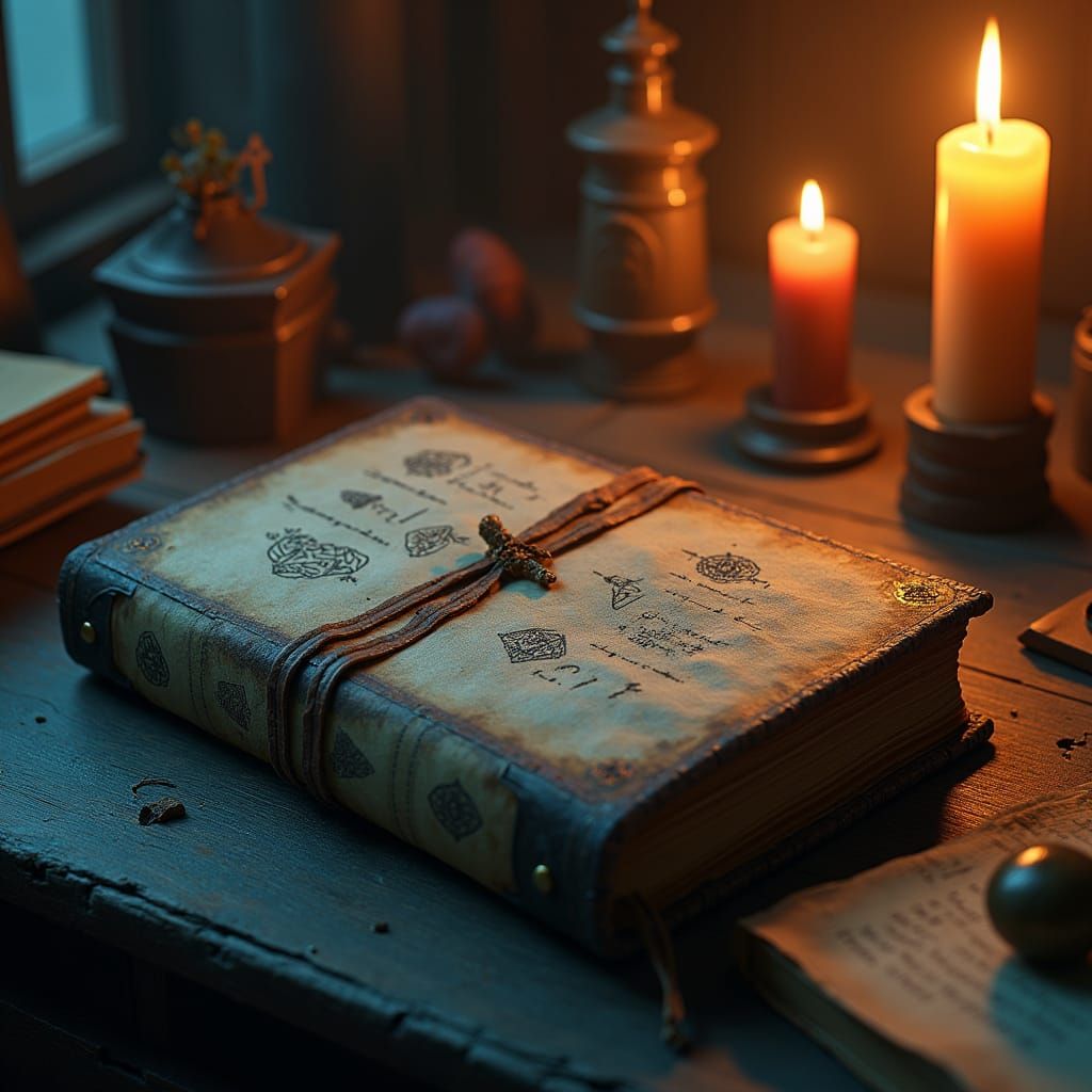 Mystical Tome on Dusty Desk, Evoking Fantasy Concept Art