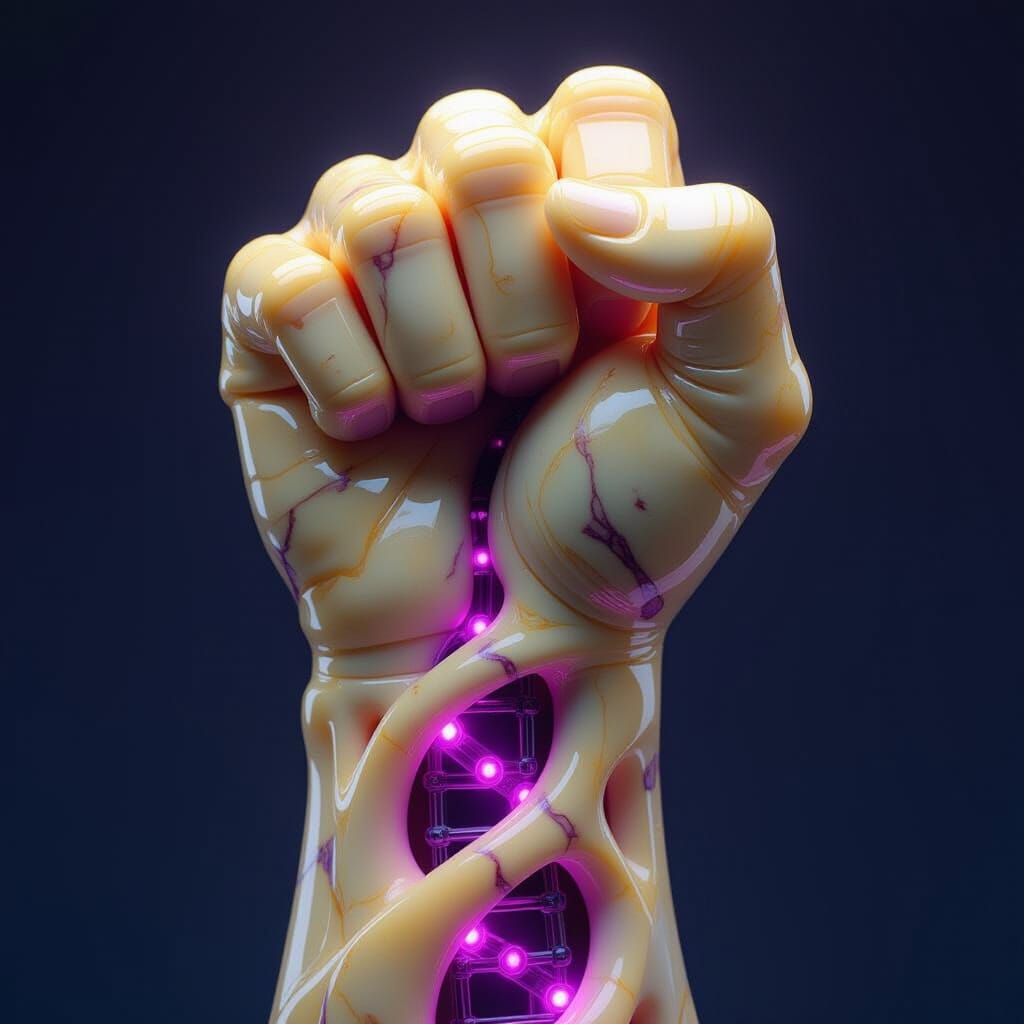 Marble Fist Quantum Network Sculpture in Dystopian Style