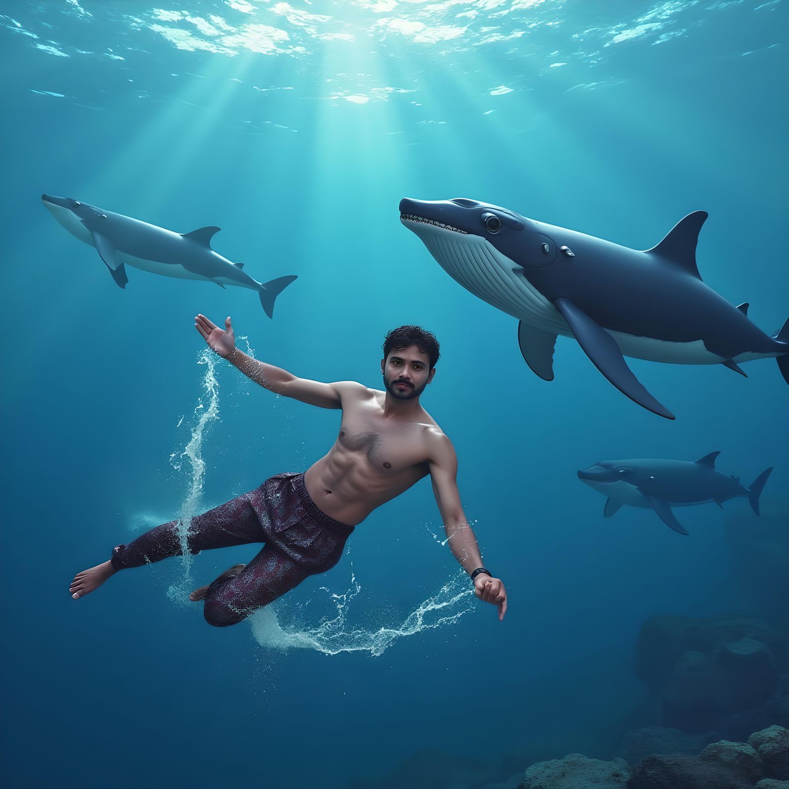Boy Swimming with Whales and Sharks in Sea
