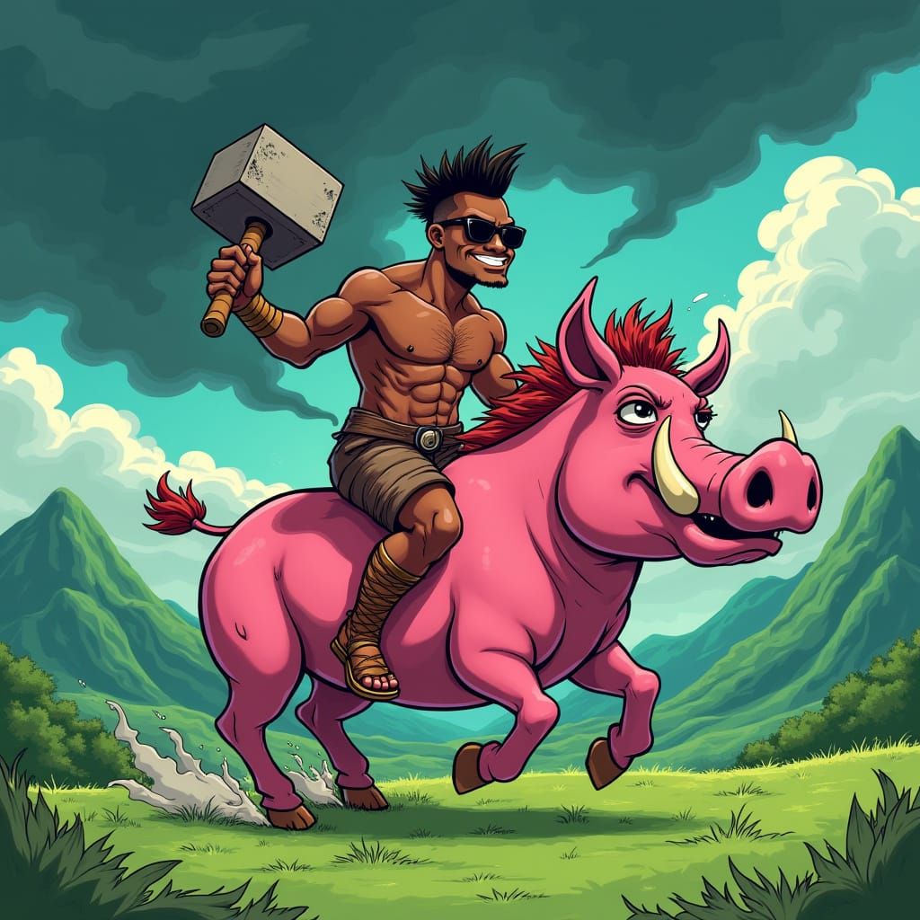 Cartoon Hog Rider in Groening-Murakami-Young Style