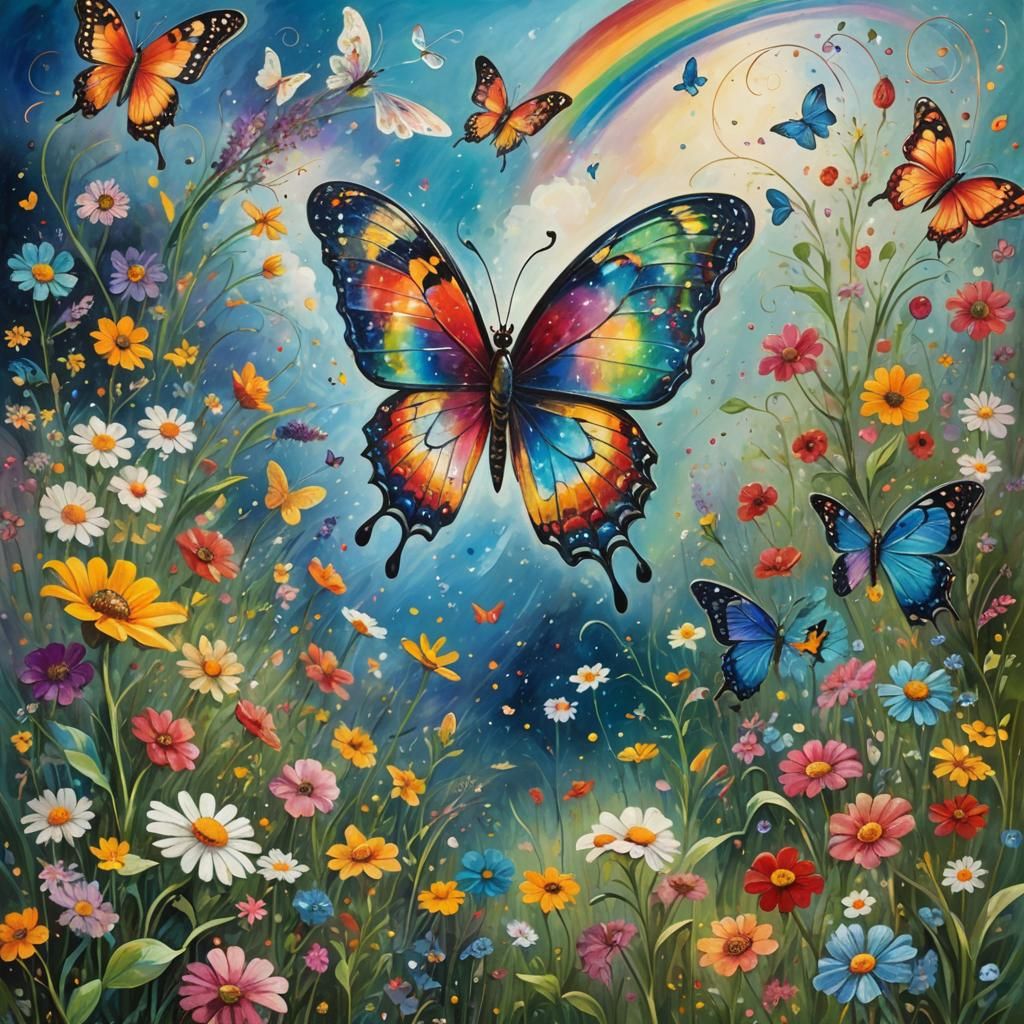 Rainbow Butterfly in Whimsical Meadow, Magical Realism