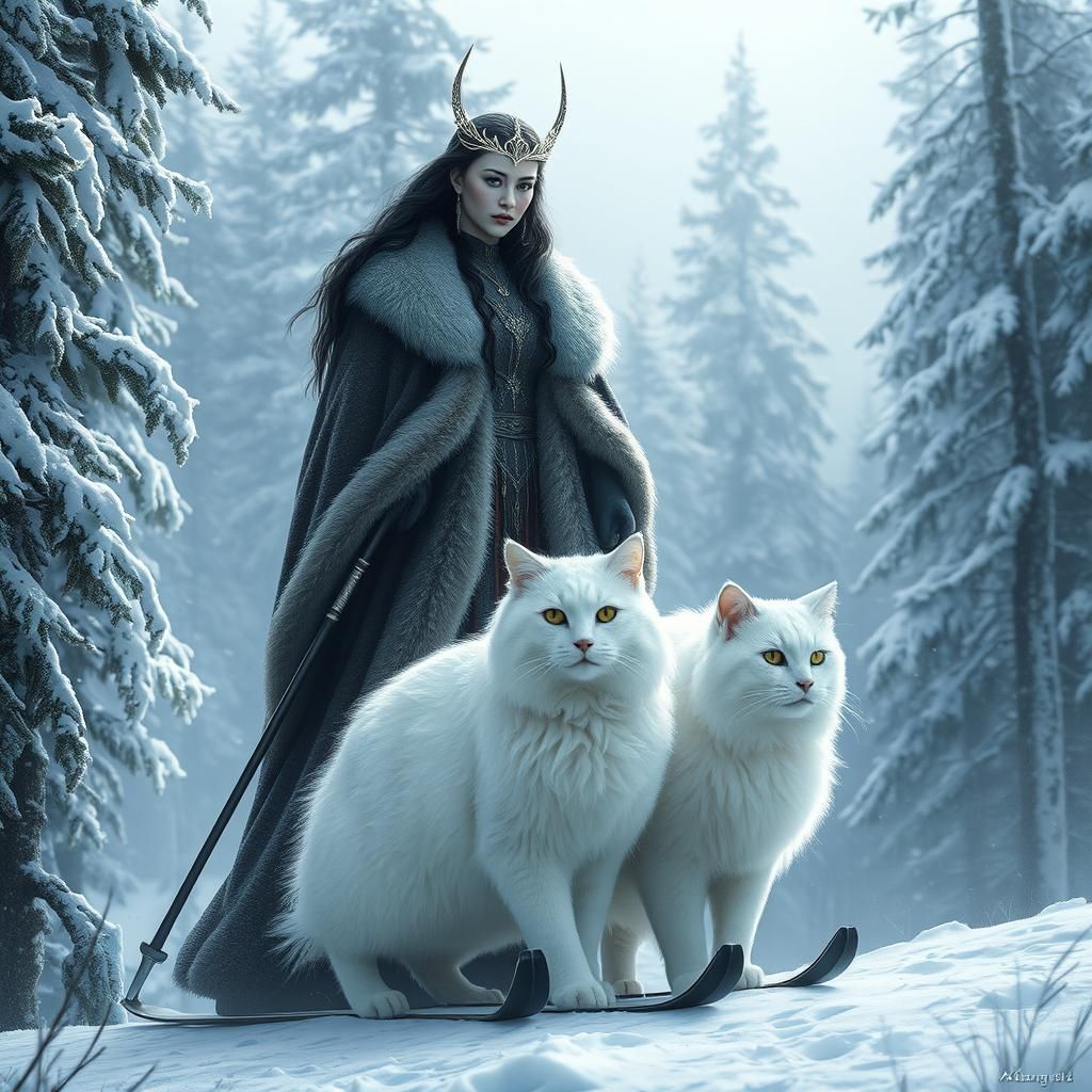 Freya, the Norse goddess of love, skis through a snowy fores...