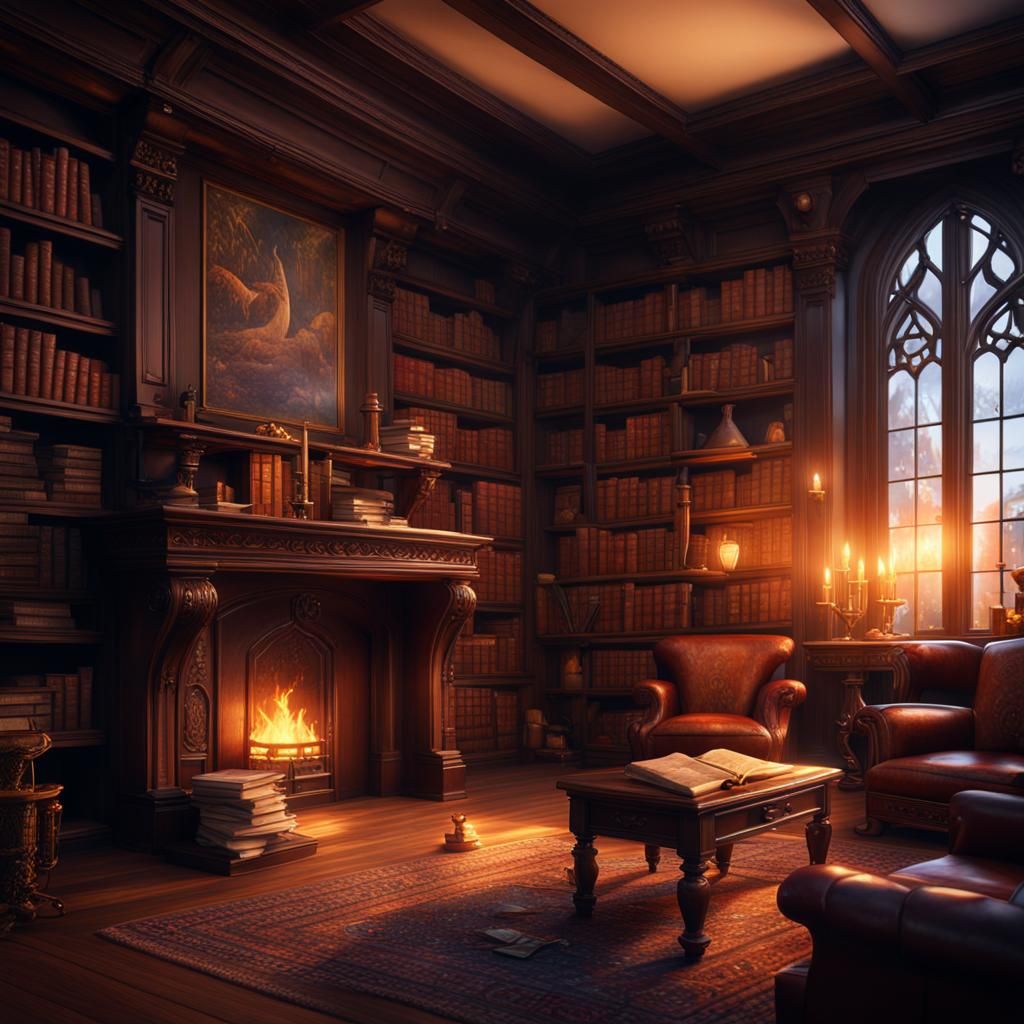 Fantasy Cozy Library Room with Fireplace