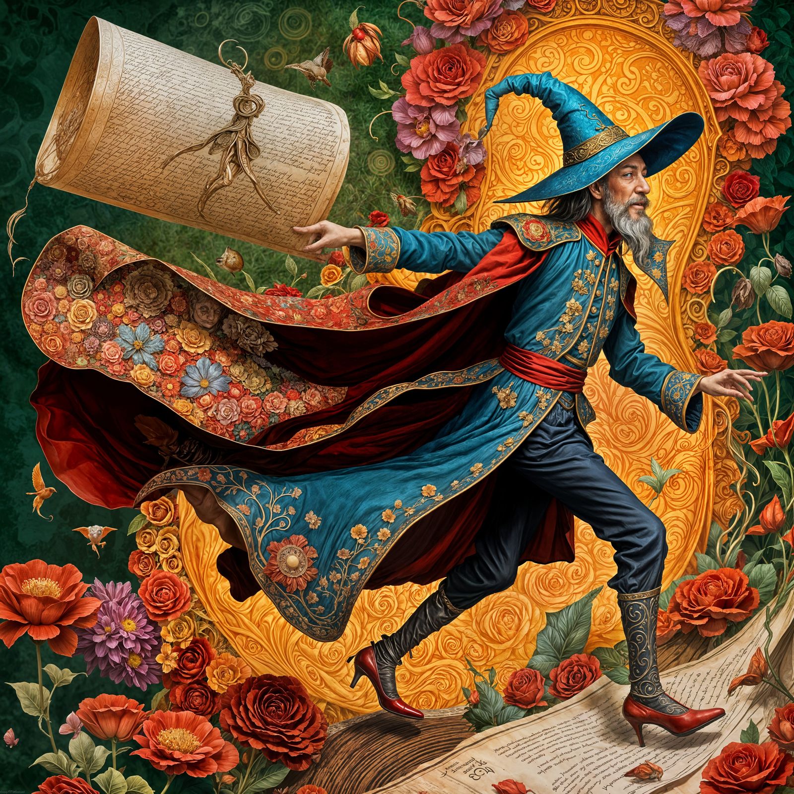 Intricate Wizard and Luggage in a Fantasy Landscape