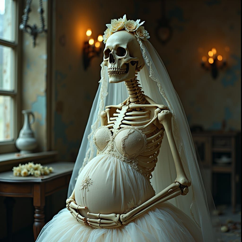 Pregnant Skeleton Bride in Decaying Wedding Scene
