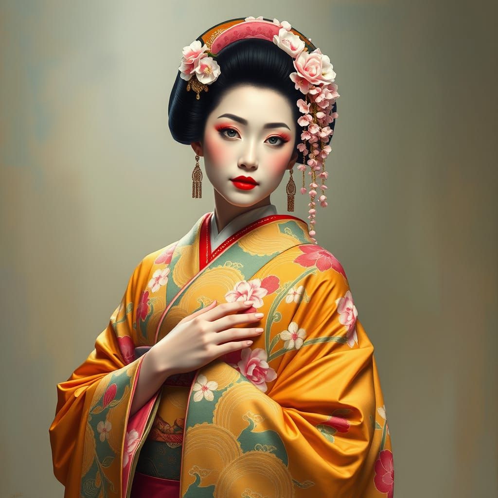 Geisha in Kimono: Art Nouveau Inspired Portrait
