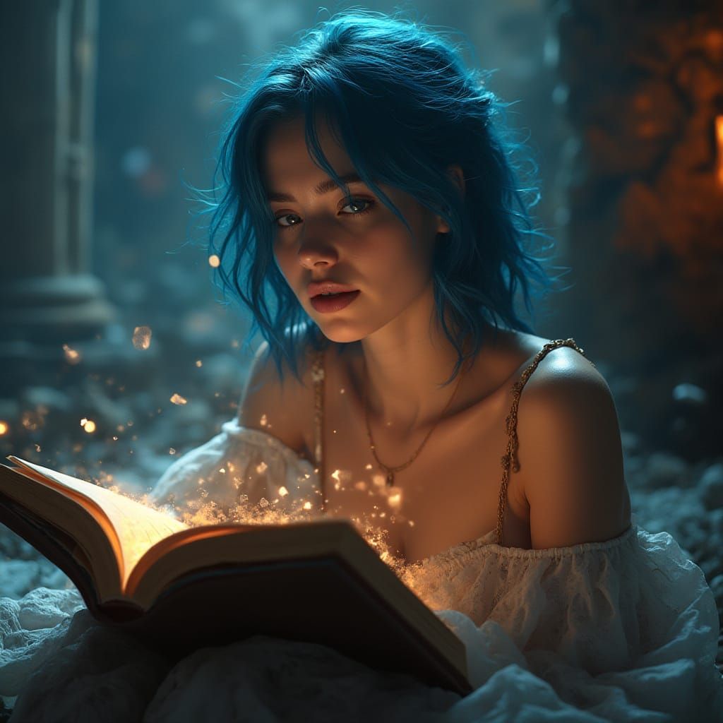 Surreal Alt Woman Reading in Ruined Cityscape