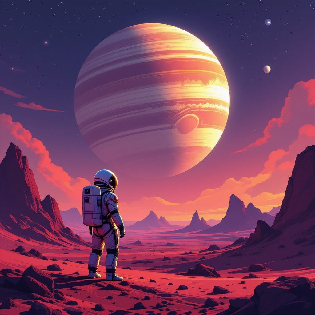 Astronaut on Alien Planet Gazing at Ringed Gas Giant