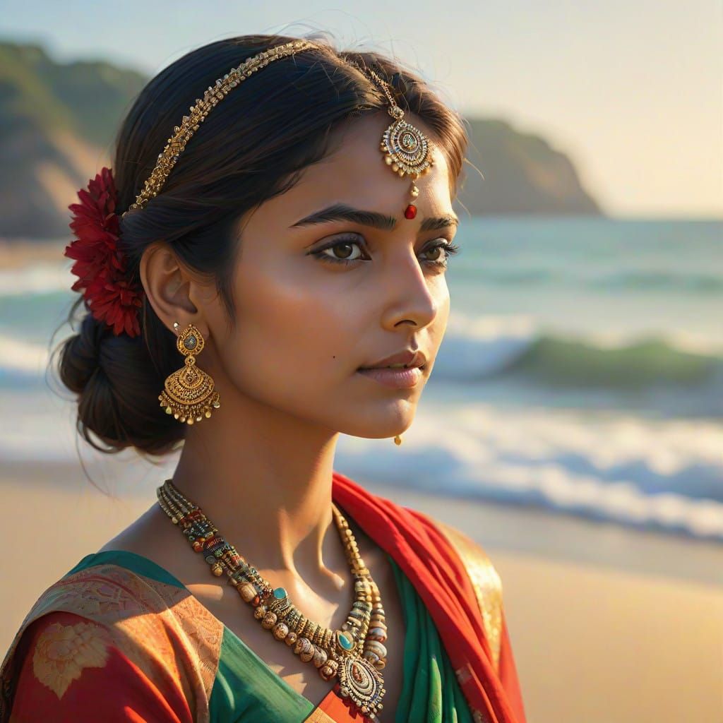 Serene Indian Woman in Colorful Sari on Sunny Beach