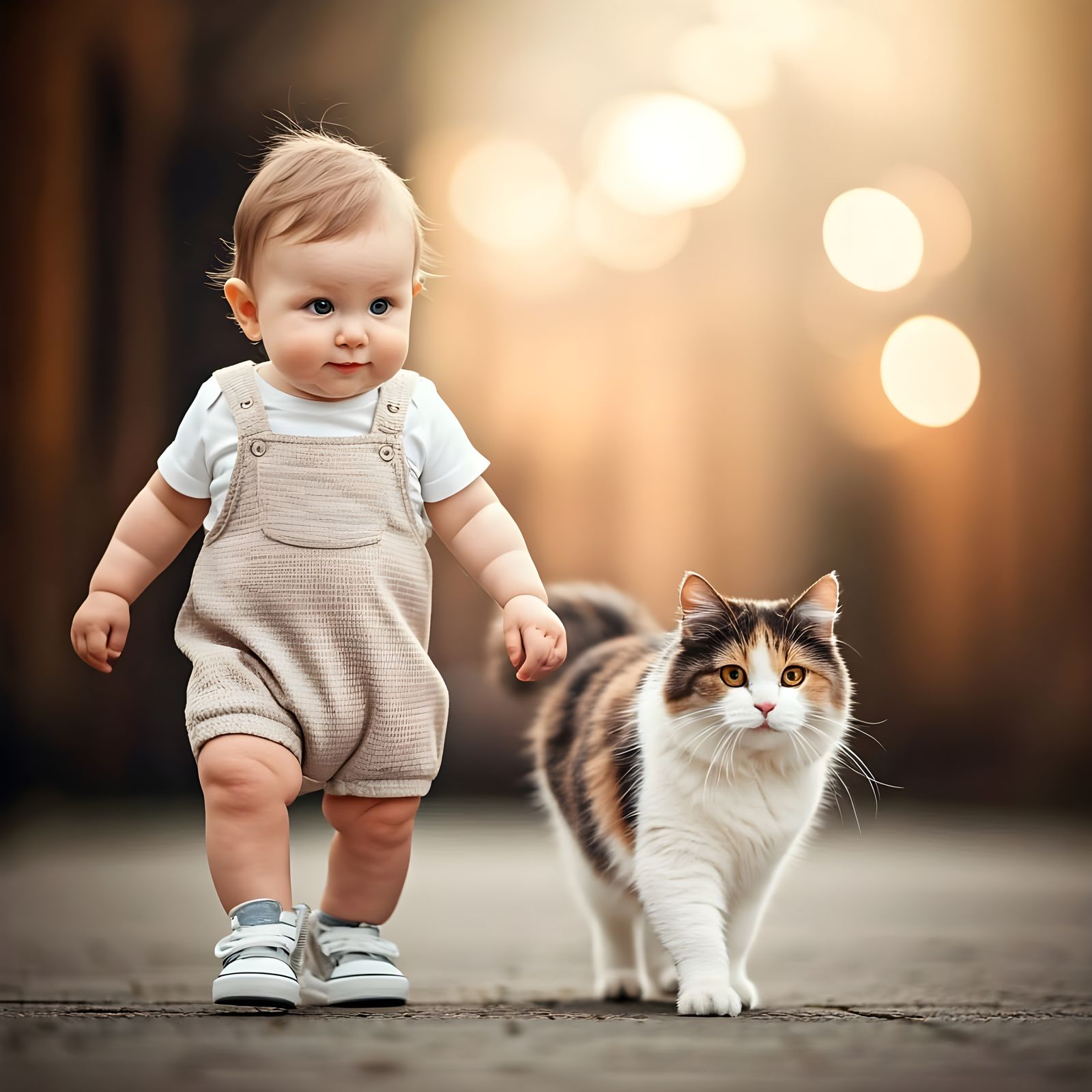 Hyperrealistic Baby and Calico Cat Photo
