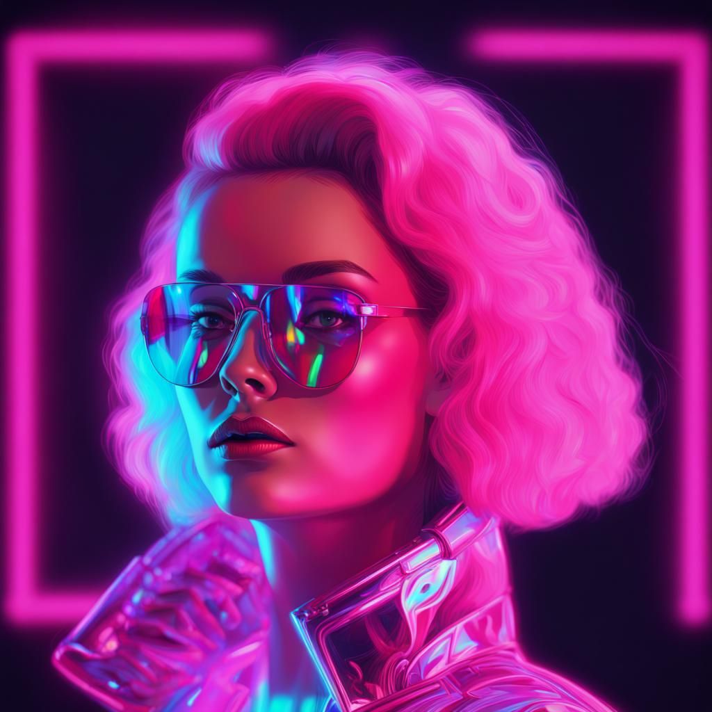 Holographic Portrait in Synthwave Neon Retro Style