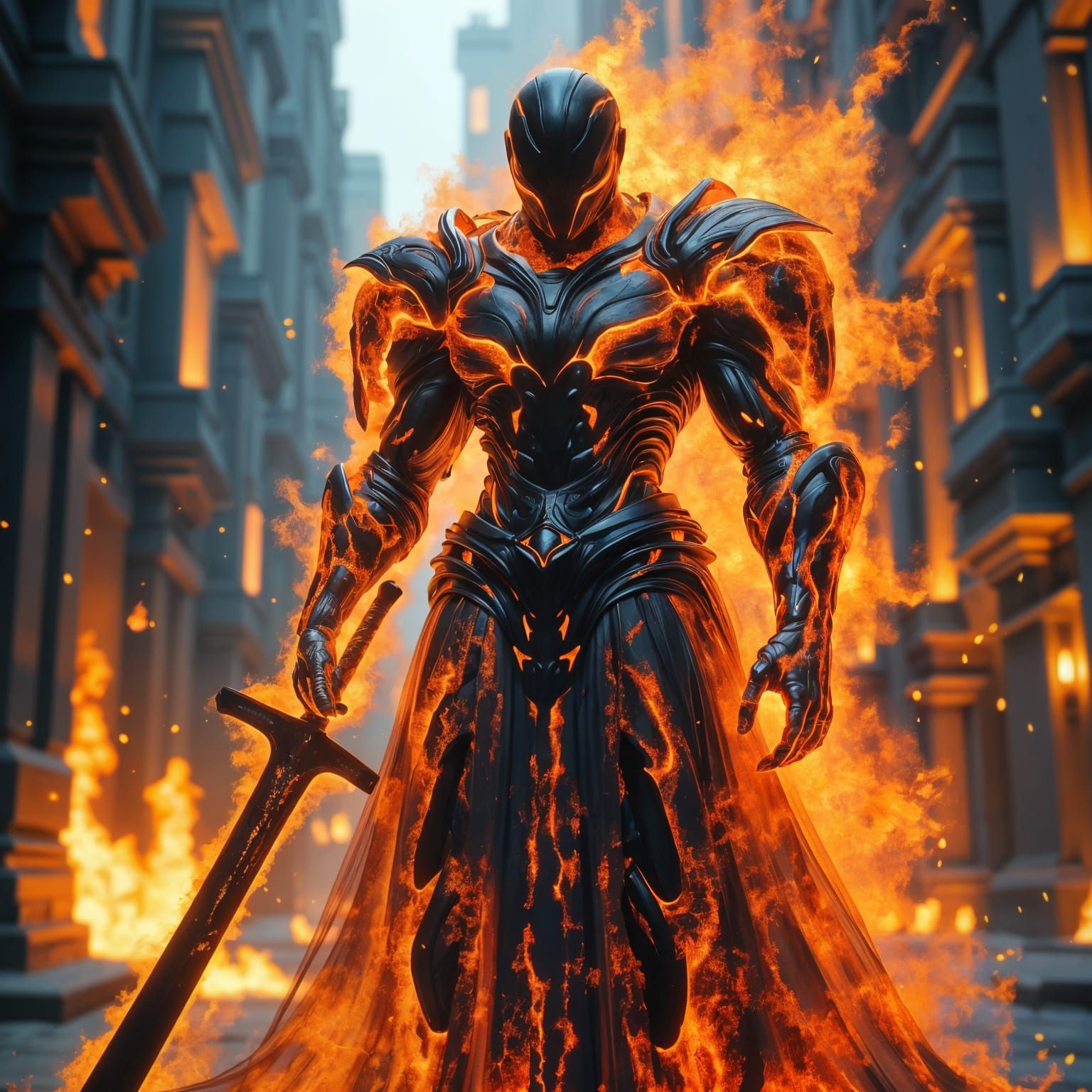 Fractal Fire Humanoid in Burning Cityscape