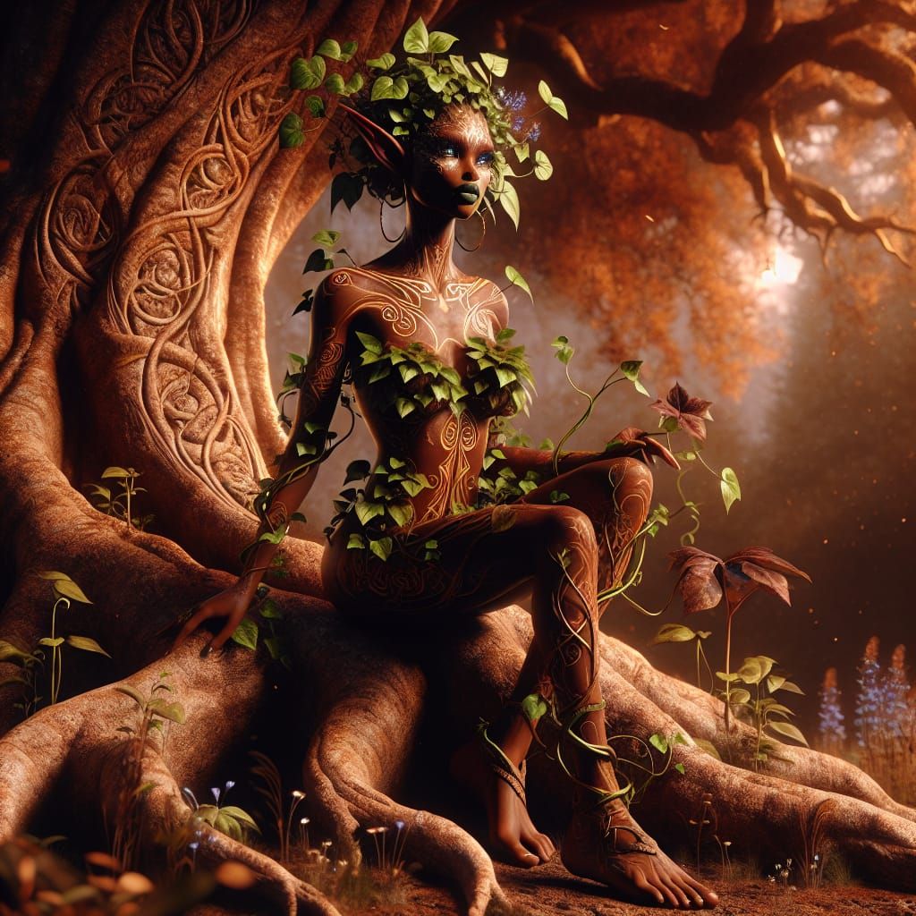 Mystical Plant Girl with Celtic Tattoos