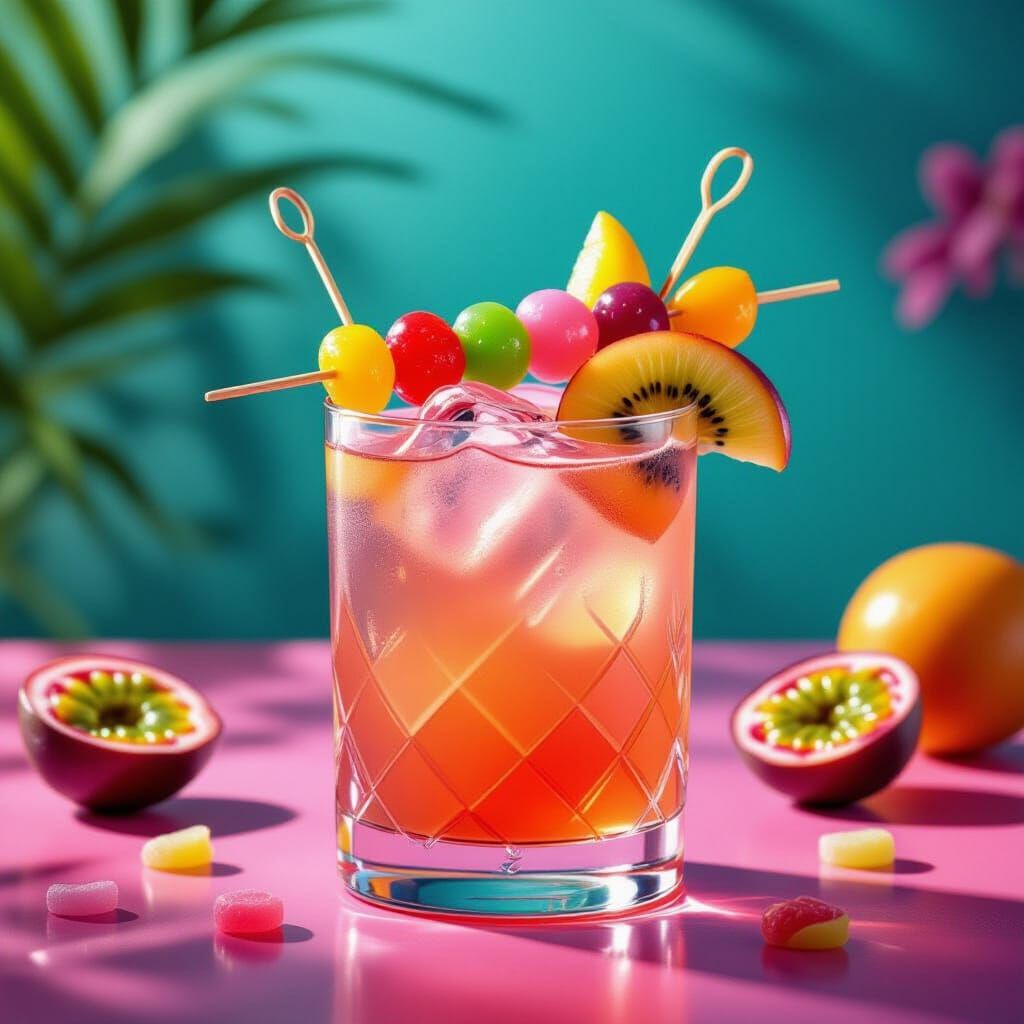 Whimsical Gin Cocktail with Fruit and Candy Garnish