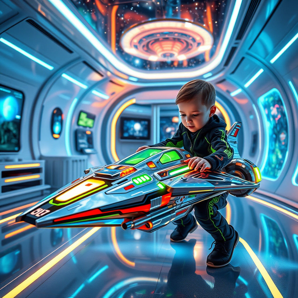Futuristic Boy and Interactive Spaceship Toy