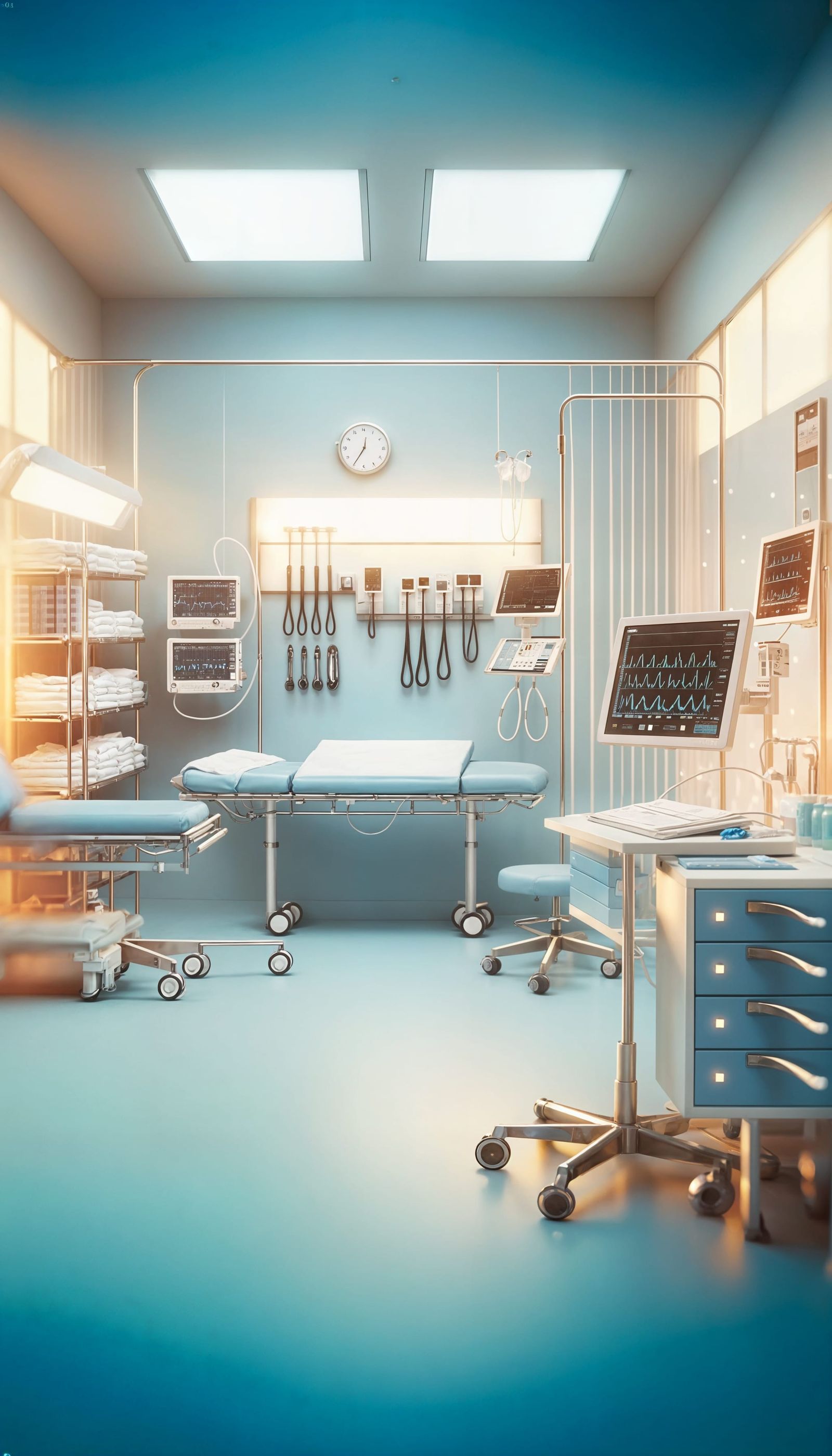 bright and clean emergency room scene with medical tools lik...