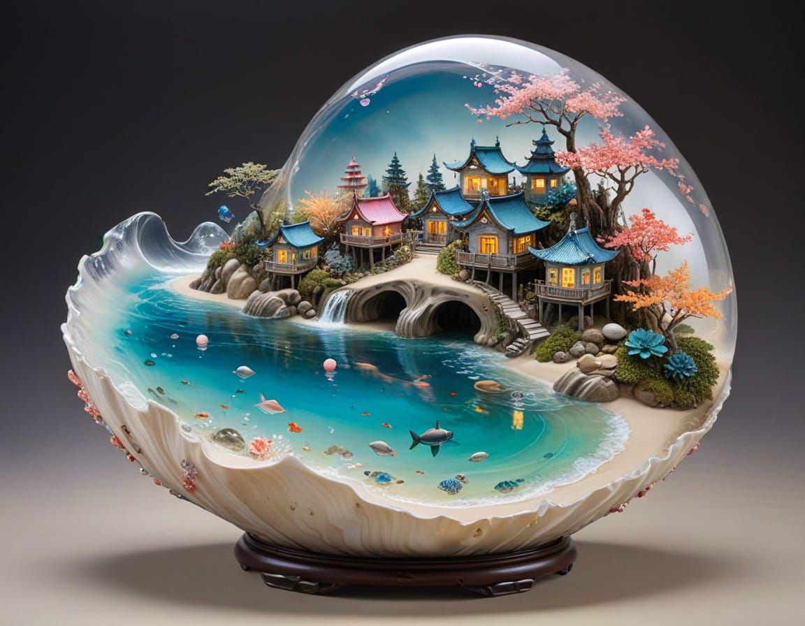 Whimsical Fairy Village in Seashell: Chinese Ink Painting