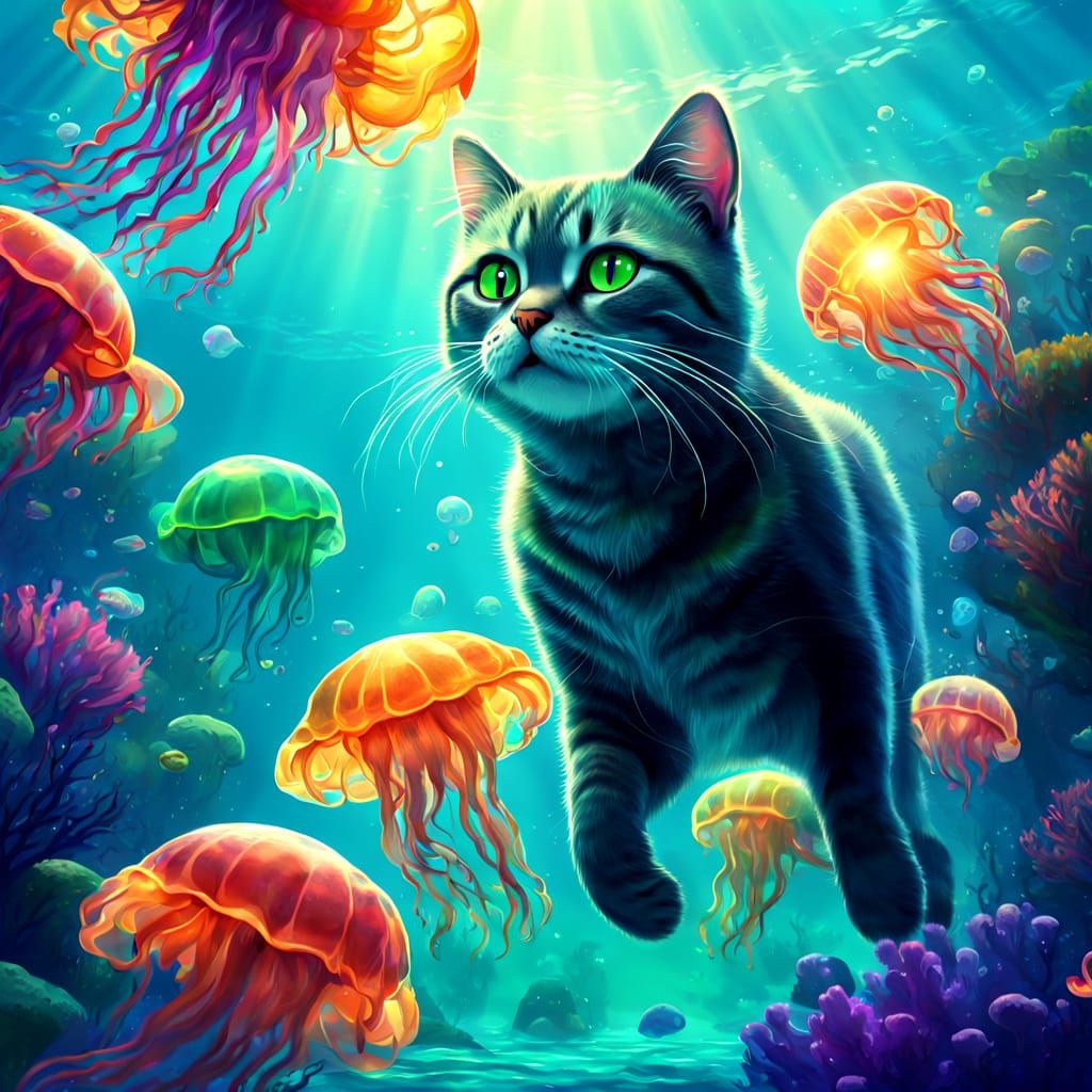 Cat Dives in Vibrant Oceanic Wonderland