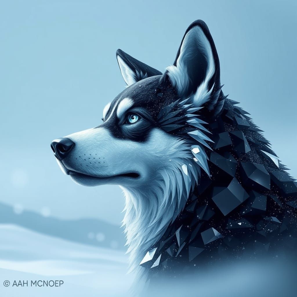 Crystal Husky in Futuristic Winter Landscape