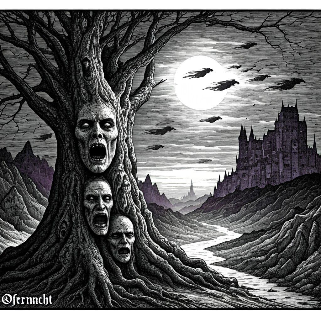 Moonlit Gothic Landscape in Renaissance Woodcut Style