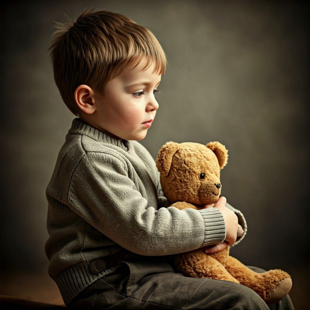 Boy and Teddy Bear in Sentimental Americana Style