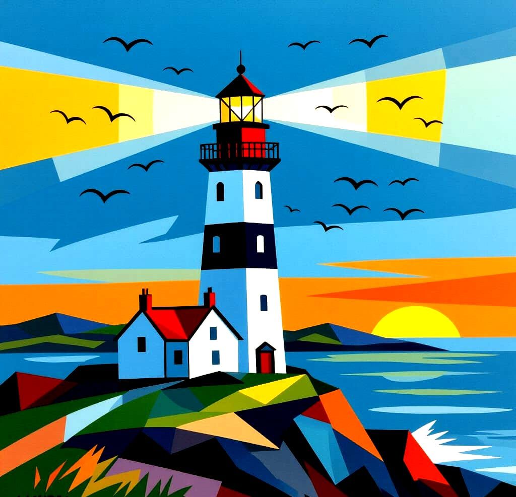Lighthouse Artwork in Lowry Style