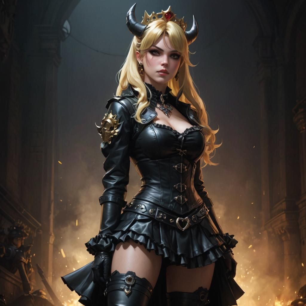 Gothic Bowsette in Leather, Hyperdetailed Digital Art