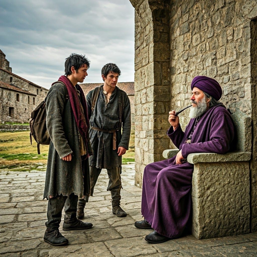 Medieval Nobleman Ponders Peasants' Plea Under Portico