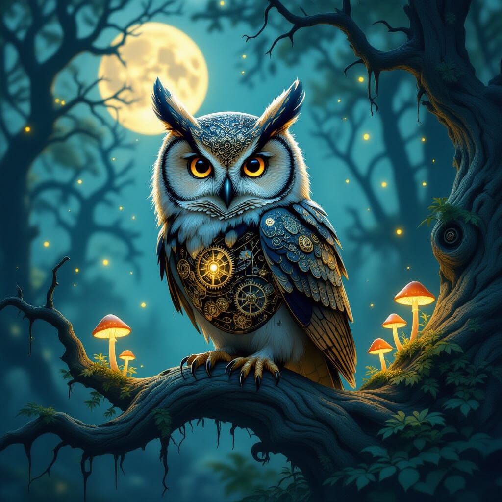 Clockwork Owl on Ancient Branch in Moonlit Enchanted Forest