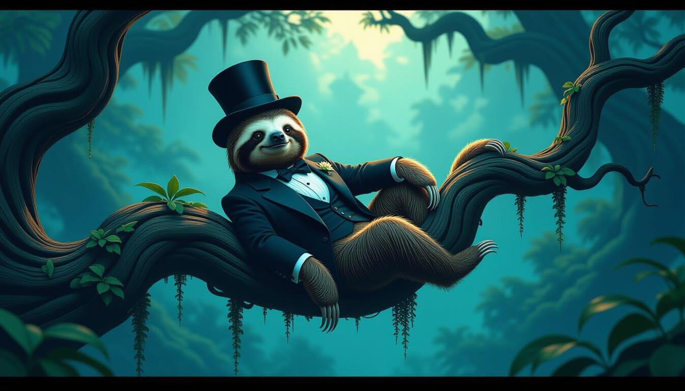 Dark Fantasy Sloth in Tuxedo, 8k Masterpiece
