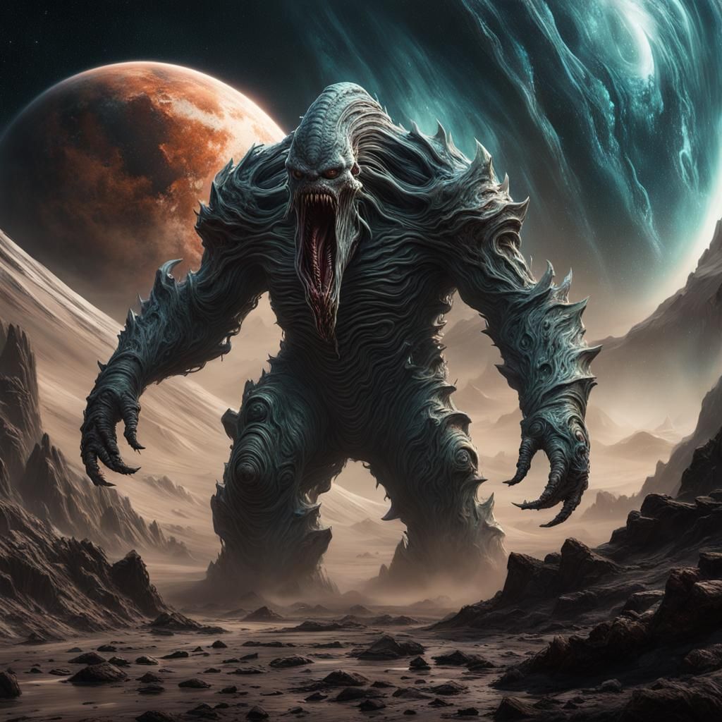 Detailed Slimy Monster on Ominous Planet in Surreal Style