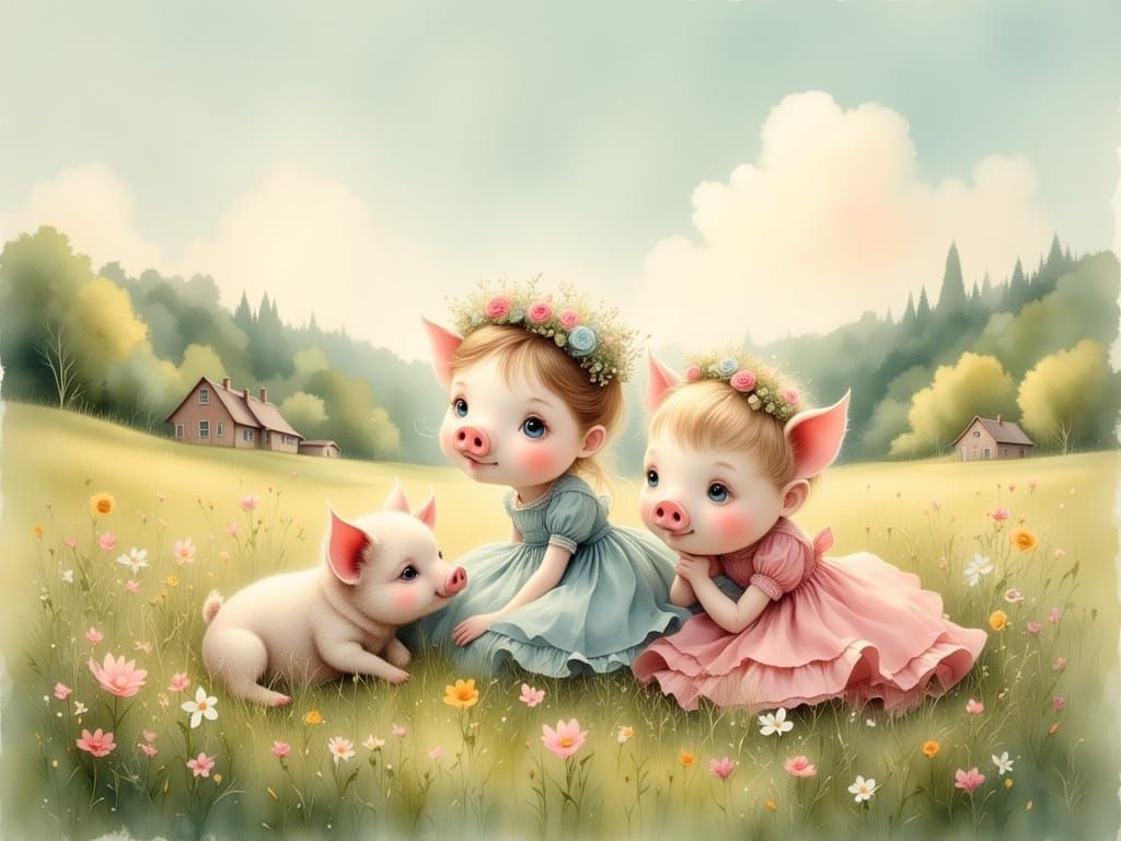 Vintage Piglet Illustration in Sunny Meadow