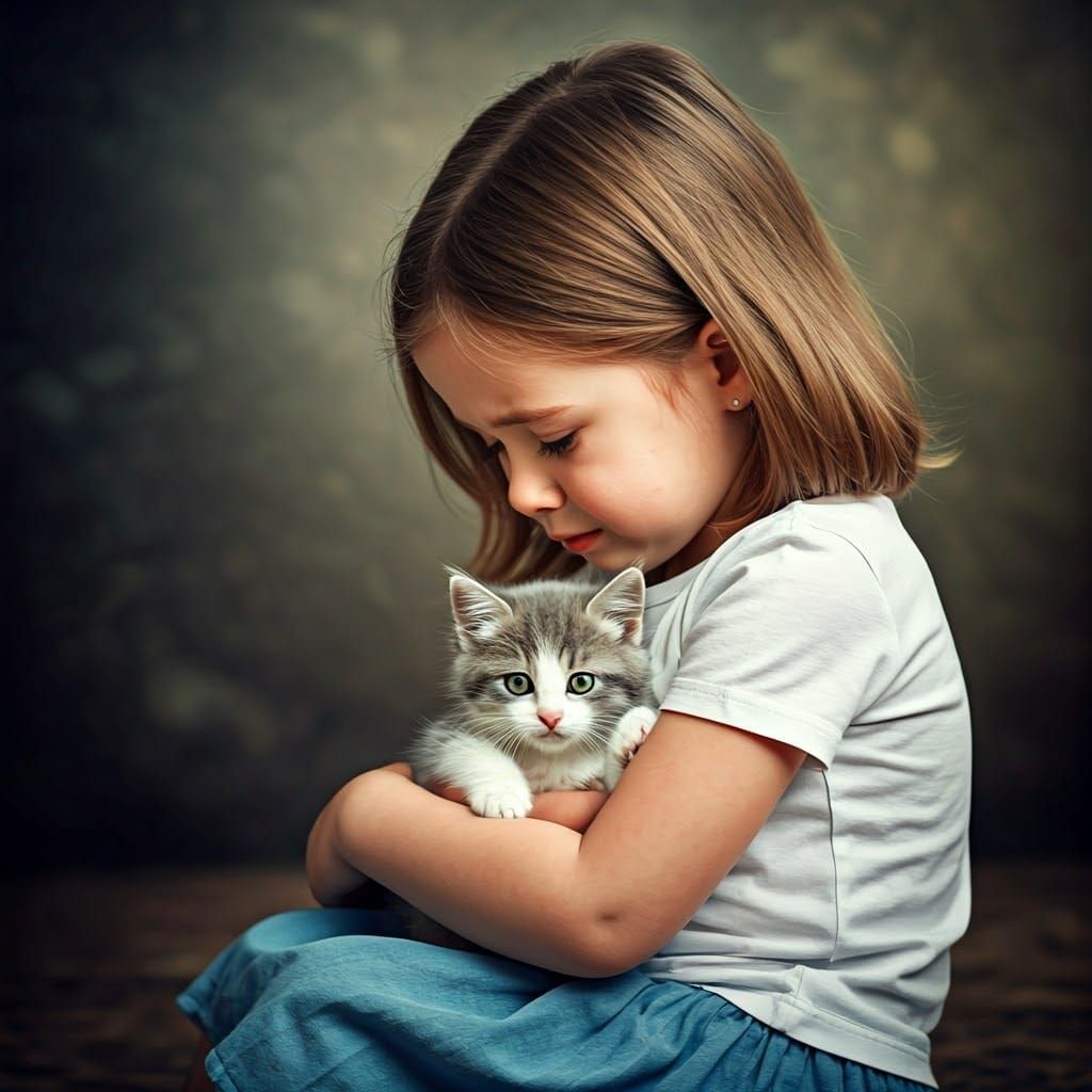 Girl Comforted by Kitten: Photorealistic Emotional Portrait