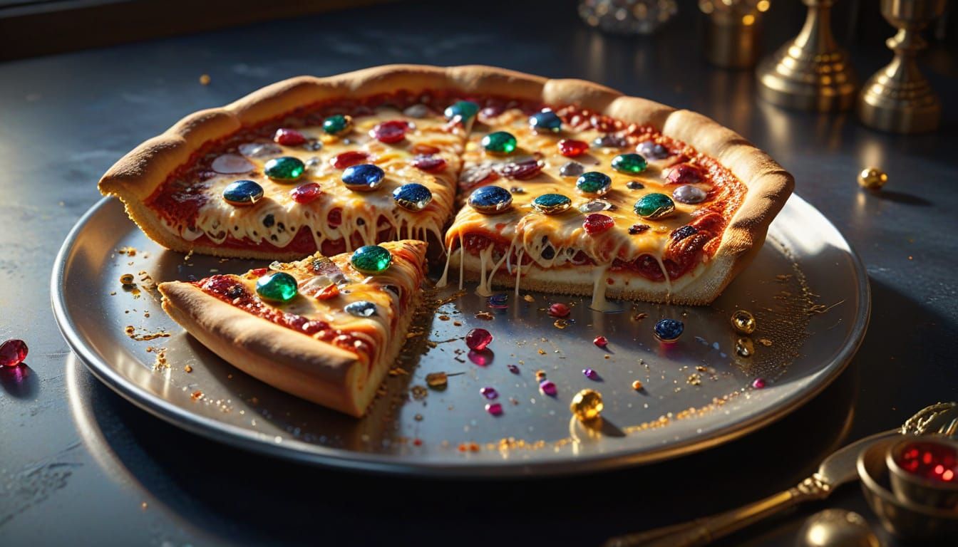 Gemstone Pizza on Silver Platter: Hyperrealistic Concept Art