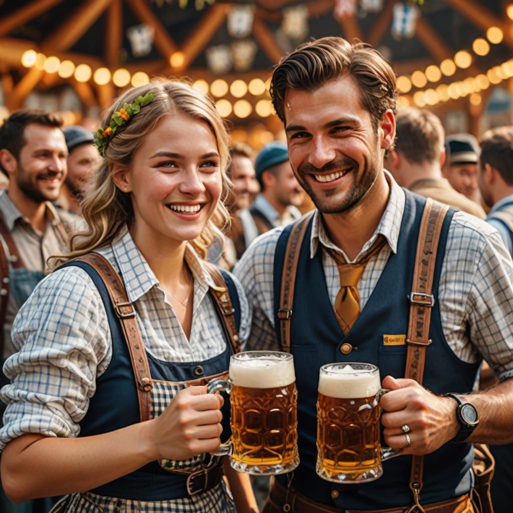 Vibrant Oktoberfest Scene with Bavarians in Gingham Shirts