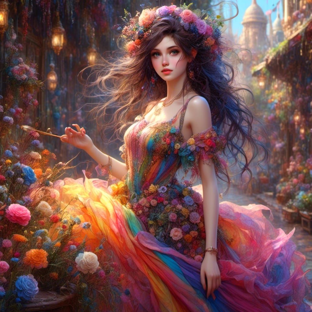 Brunette Woman in Rainbow Dress Oil Painting