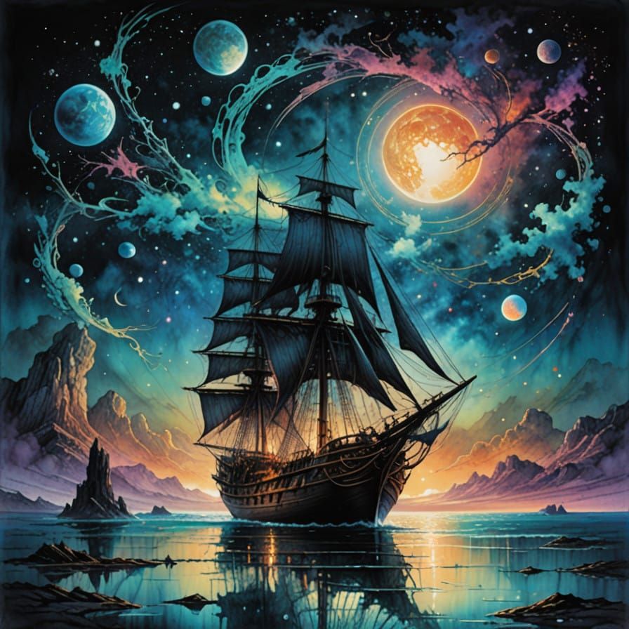 Ethereal Boat on Sparkling Waters in Pastel Hues