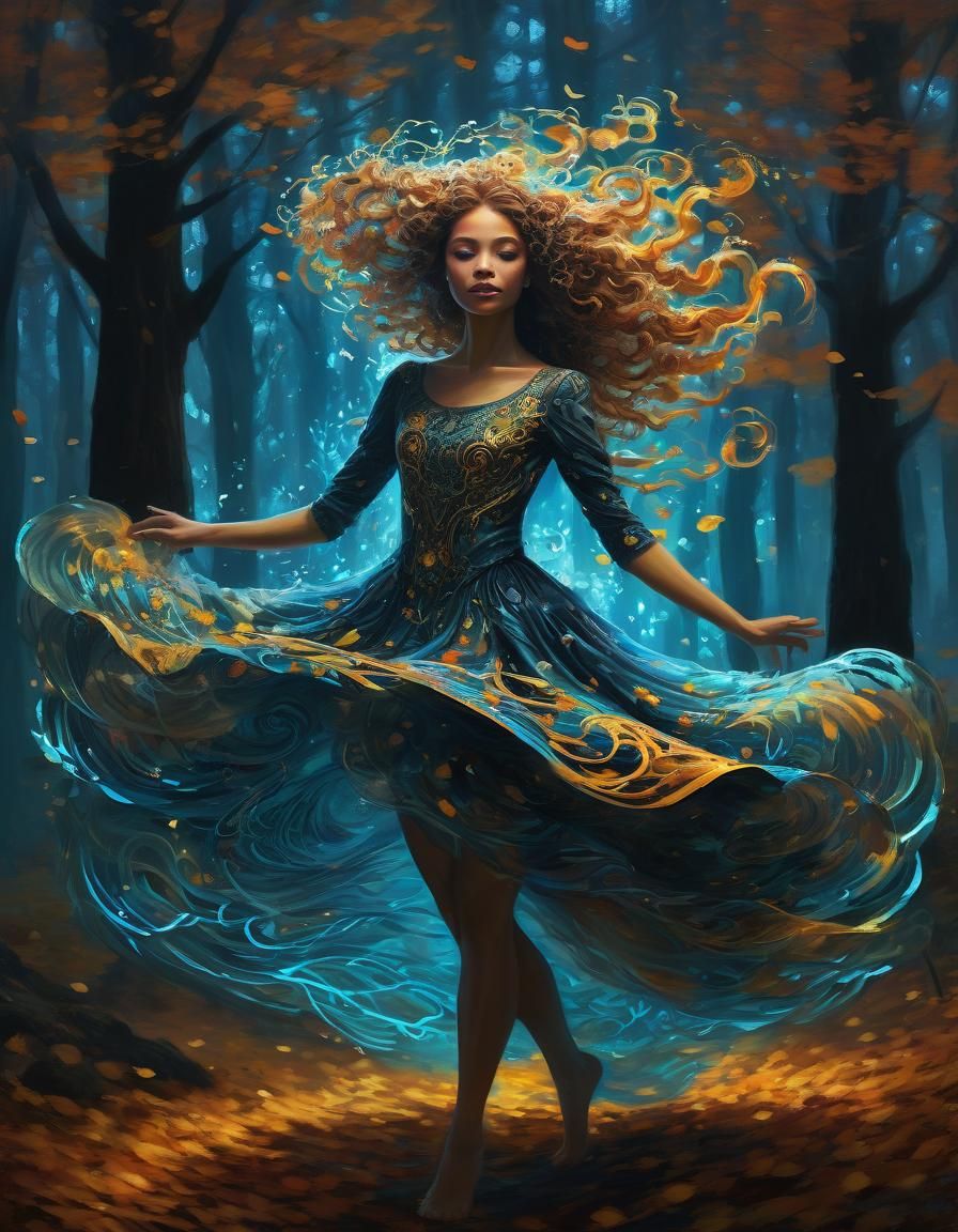 Bioluminescent Dancer in Autumn Forest