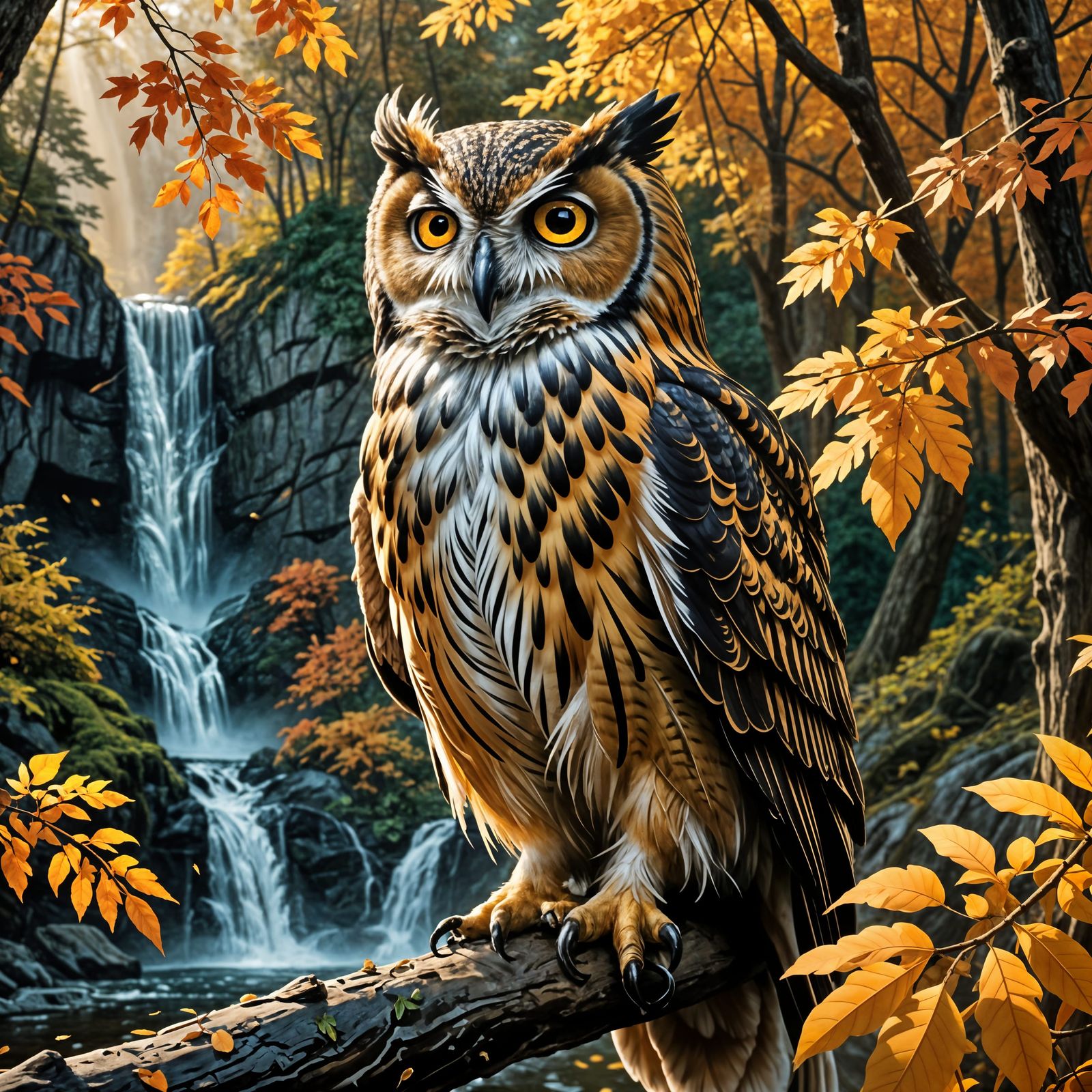 Magnificent Autumn Waterfall With Owl