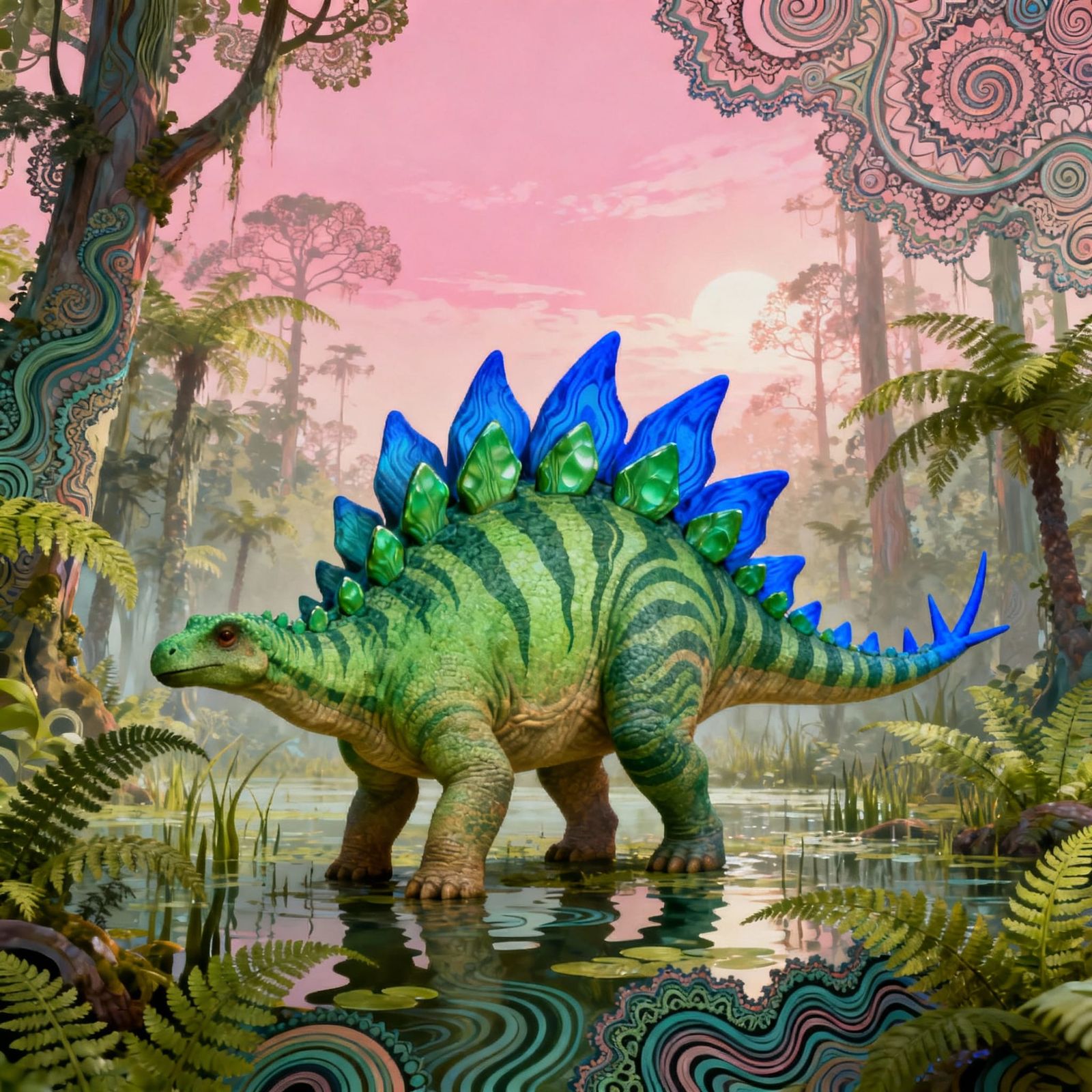 Stegosaurus in Psychedelic Fractal Swamp