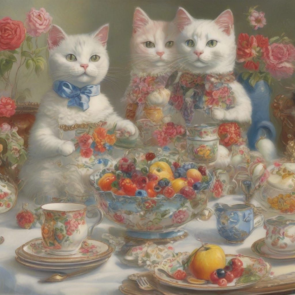 Whimsical Felines in Victorian Tea Party Attire