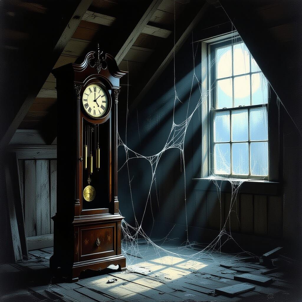 Abandoned Attic Grandfather Clock in Moonlight